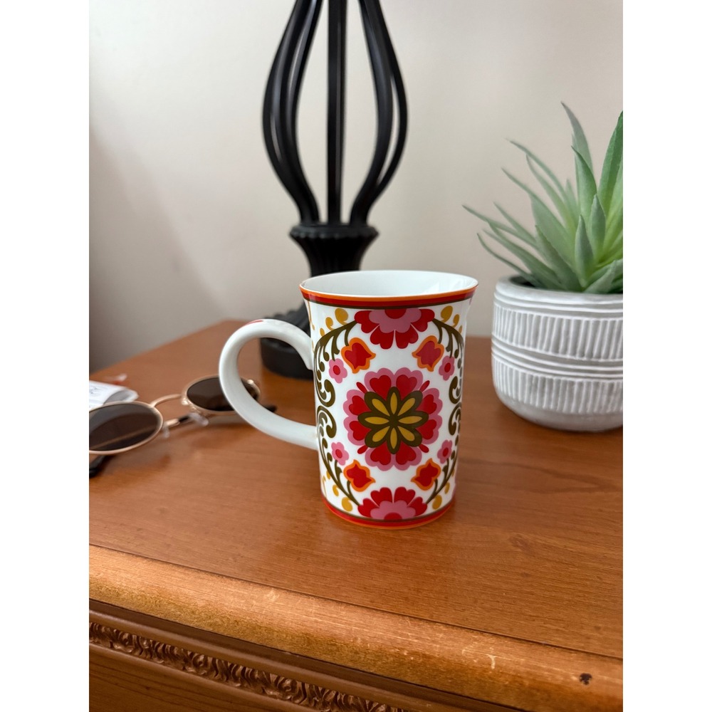 Vera Bradley Coffee Mug Floral Ceramic Tea Cup‎ Red Pink Green Boho Pattern